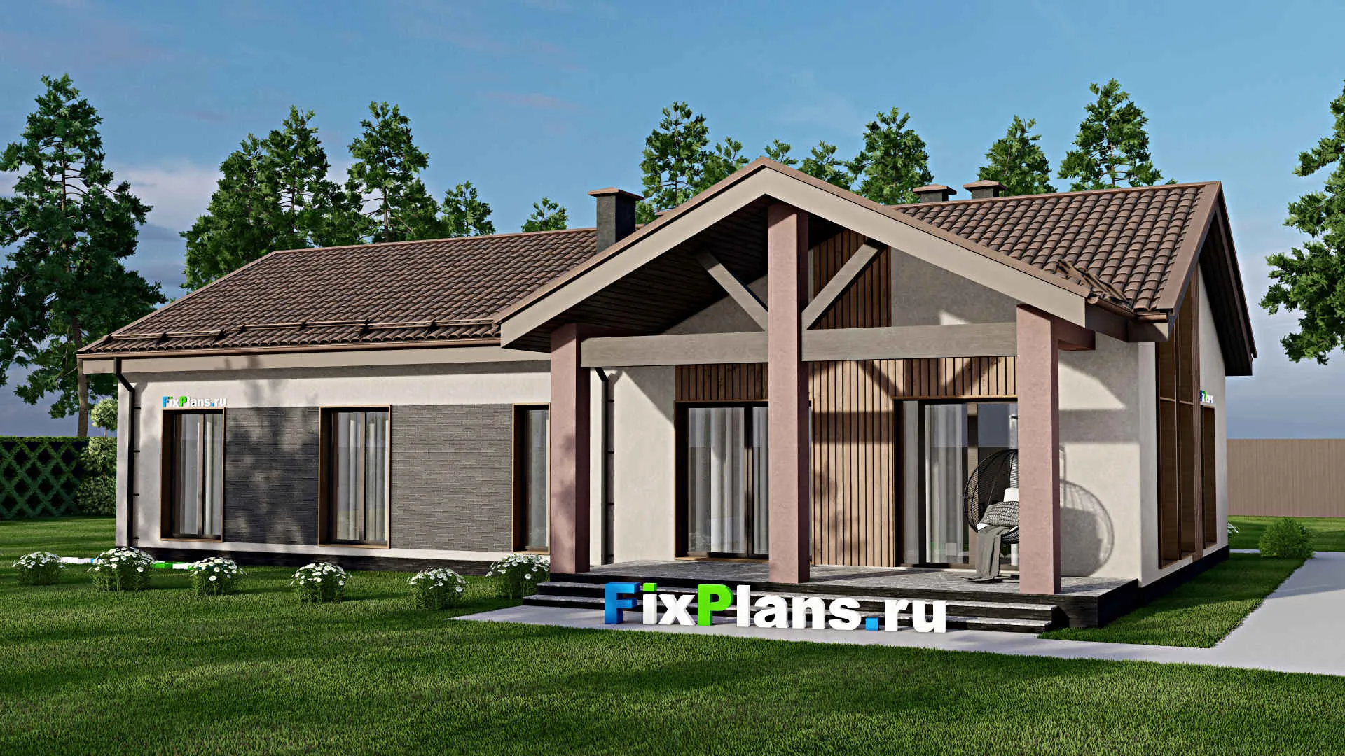 F-7982 - Проект одноэтажного дома 10 на 19, площадью 170 м² с террасой и 3 спальнями