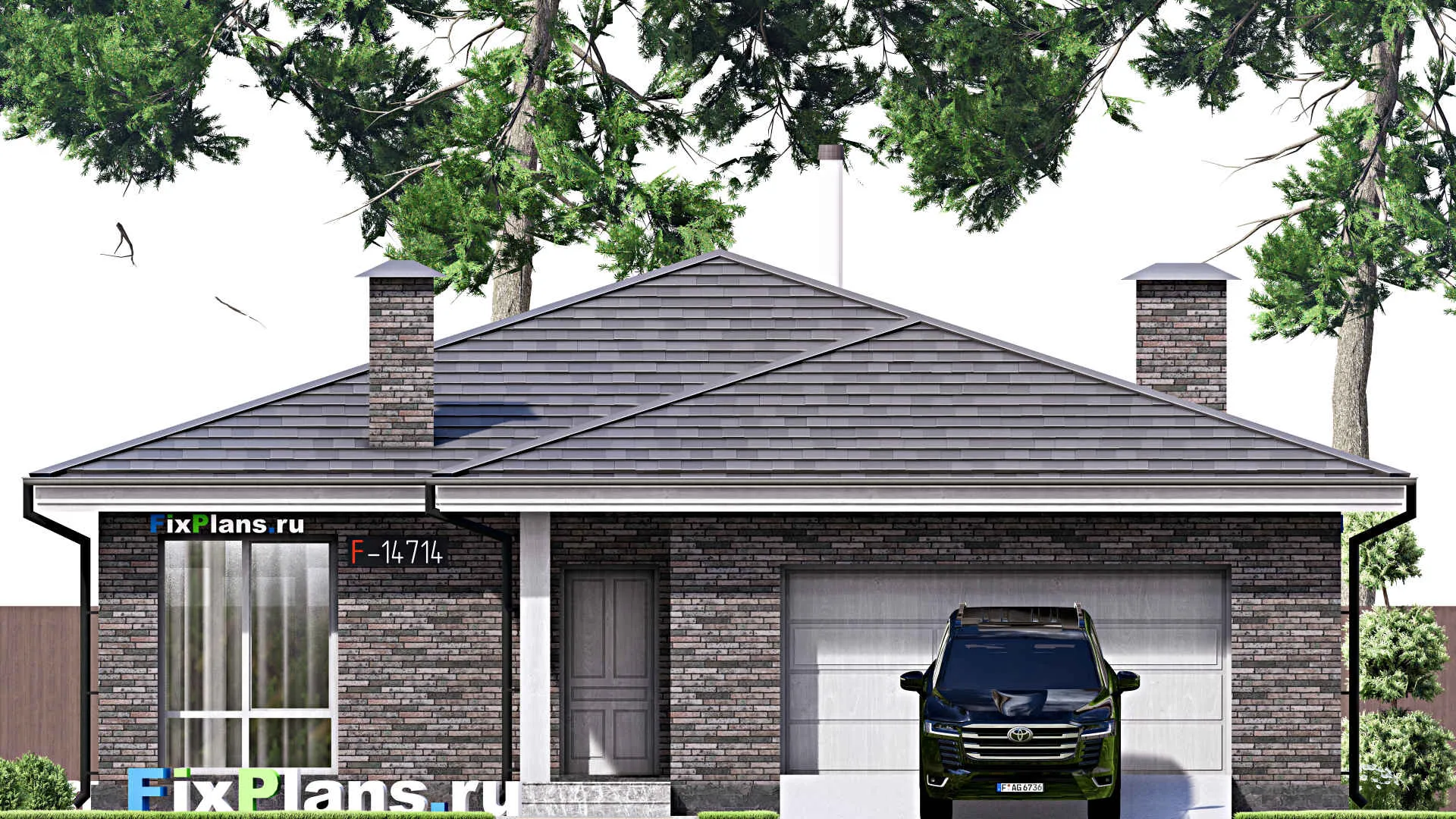 F-14714 - Проект одноэтажного дома 13 на 17, площадью 160 м² с террасой, гаражом на 2 машины и 3 спальнями