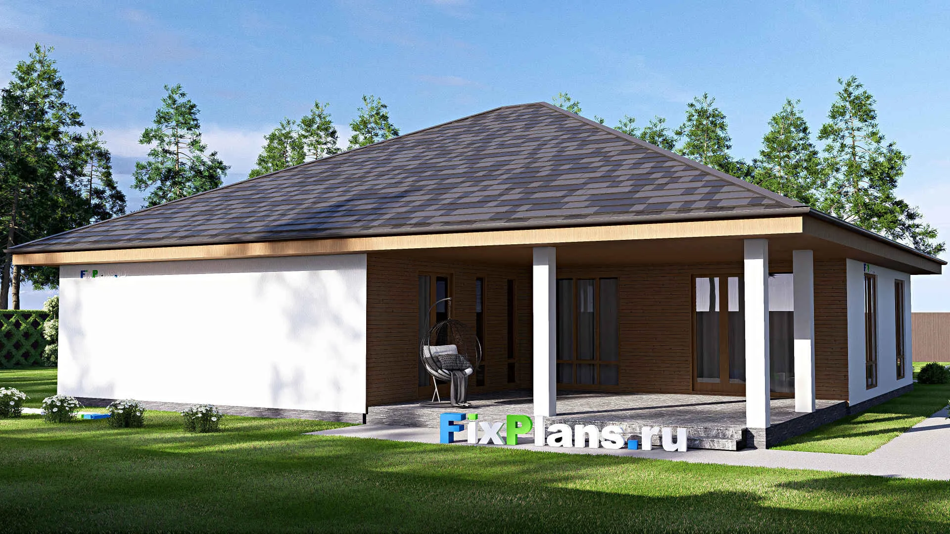 F-19250 - План одноэтажного дома 17 на 23, площадью 260 м² с террасой, гаражом на 2 машины и 4 спальнями