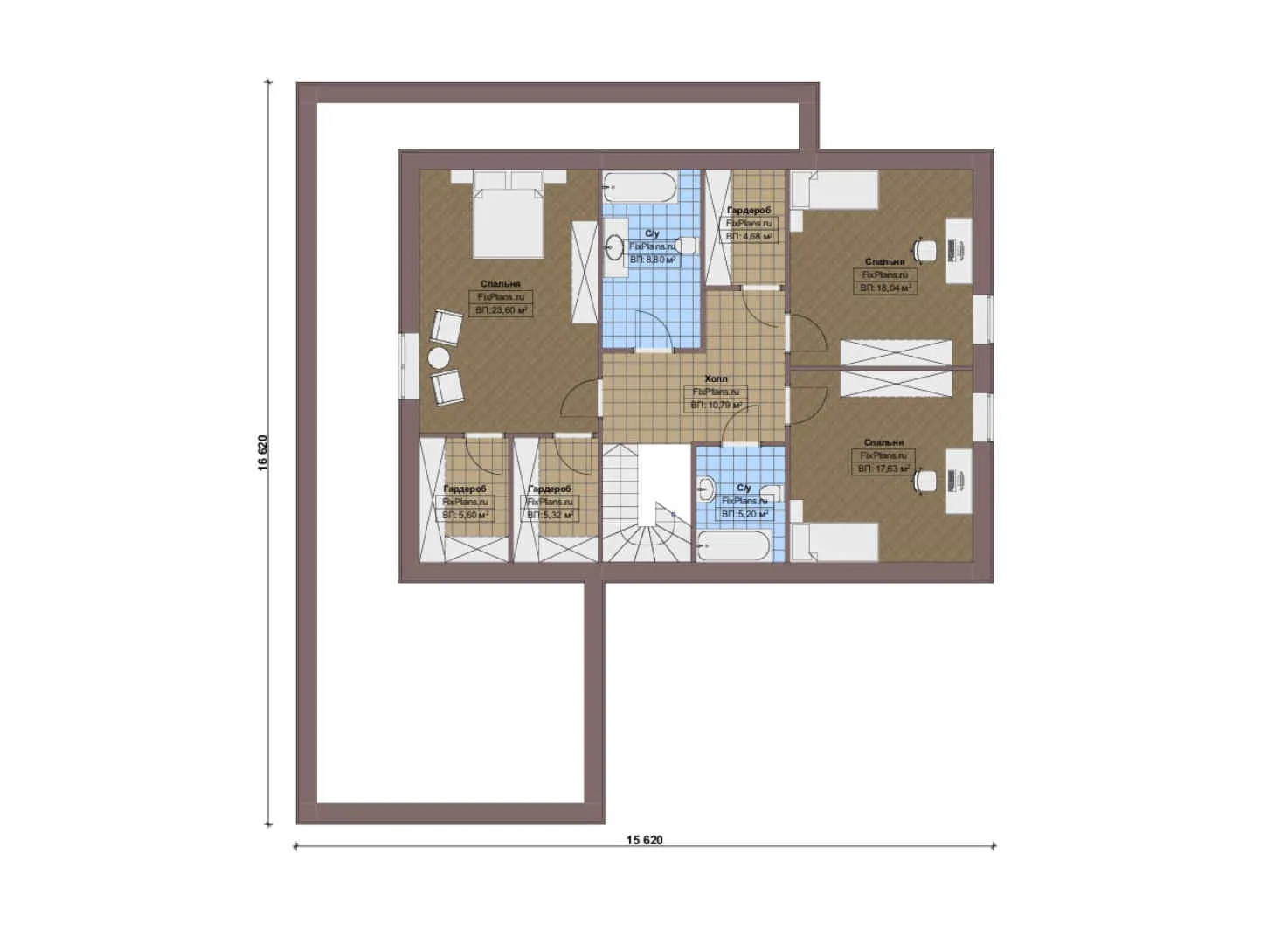 F-16118 - Планы дома с мансардой 18 на 18, площадью 360 м² с террасой, гаражом на 2 машины и 3 спальнями