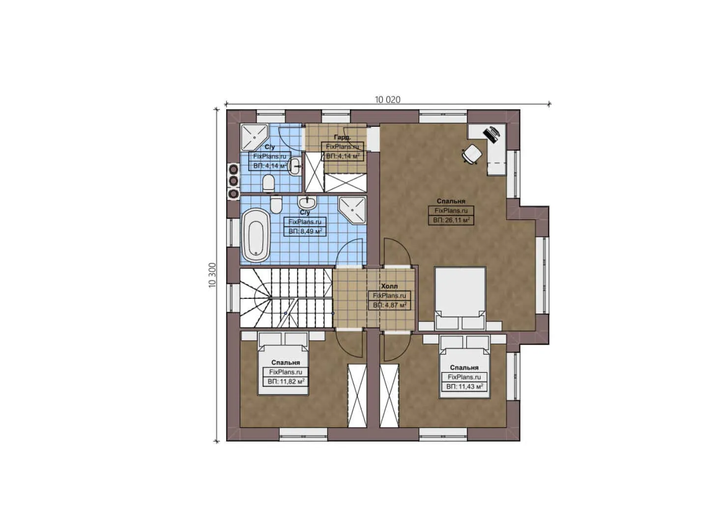 F-3347 - Планы двухэтажного дома 11 на 11, площадью 180 м² с террасой и 4 спальнями