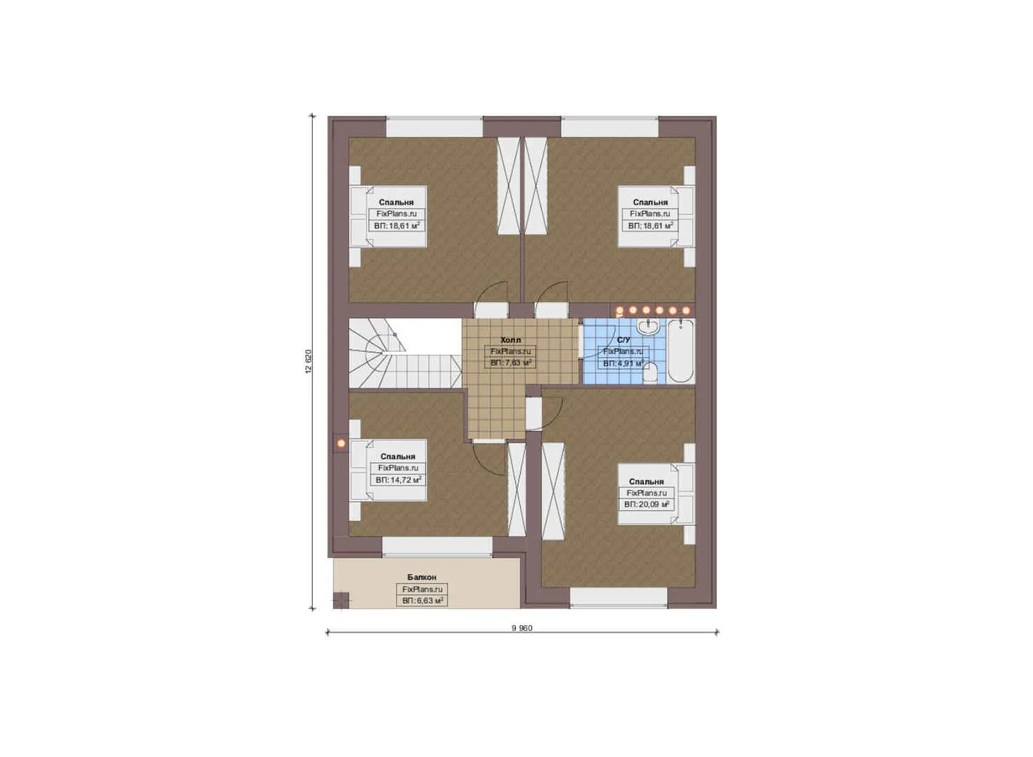 F-19205 - Планы дома с мансардой 15 на 16, площадью 260 м² с террасой, балконом, гаражом на 1 машину и 5 спальнями