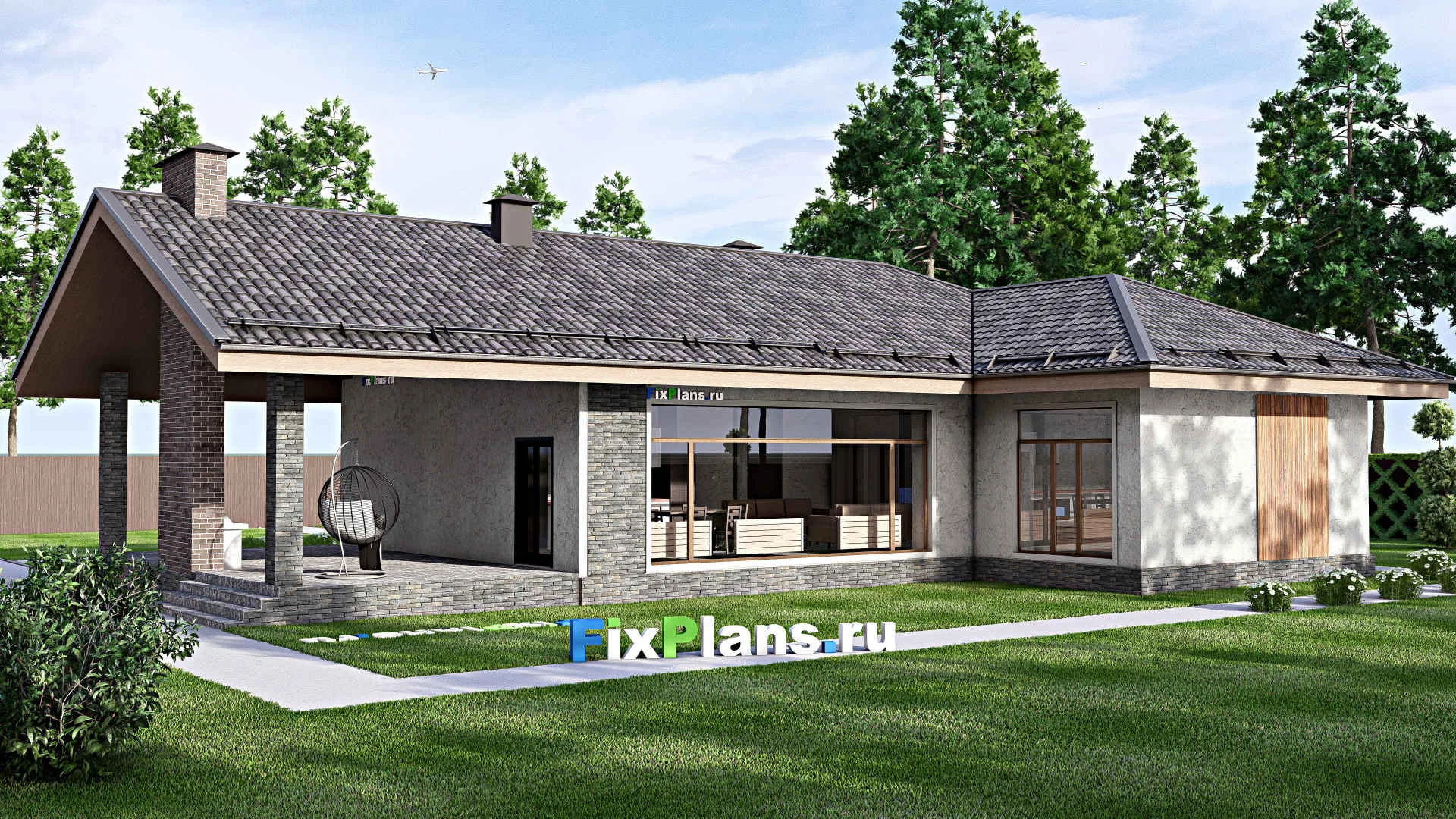 F-13391 - План одноэтажного дома 16 на 21, площадью 200 м² с террасой, баней и 3 спальнями