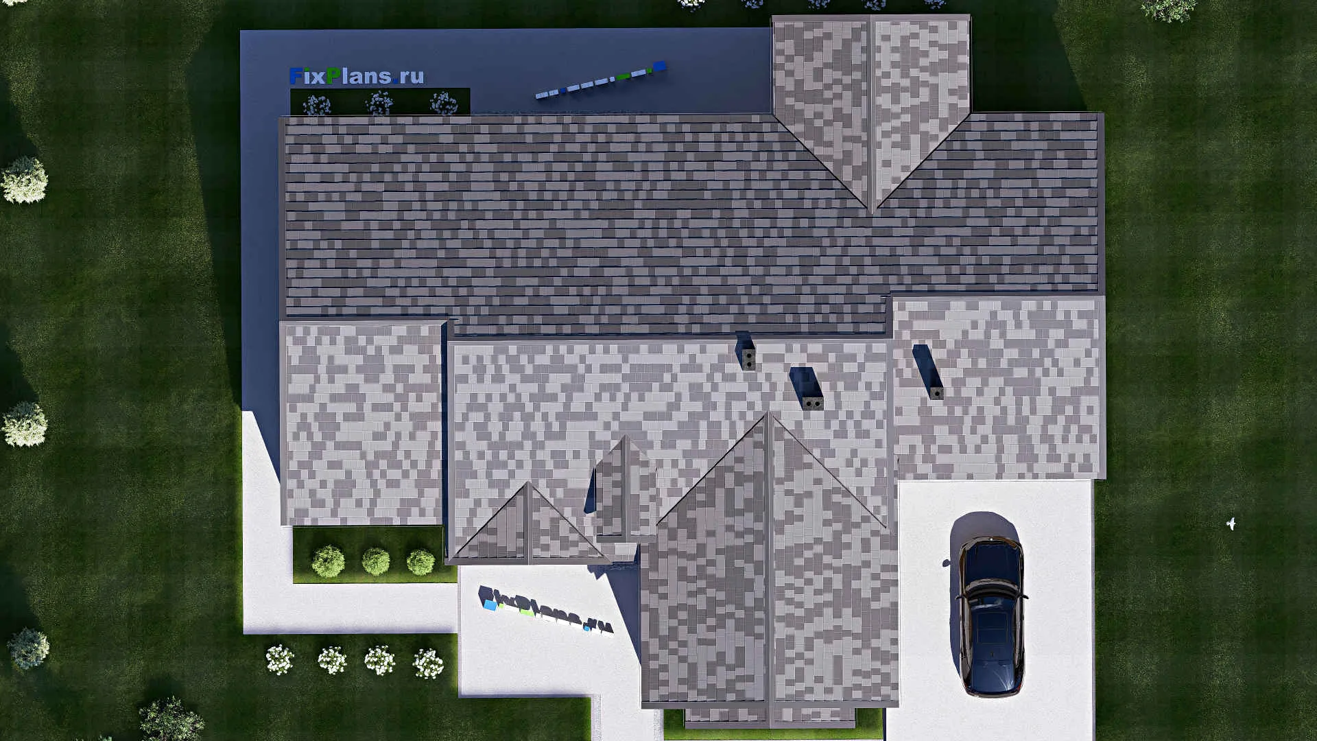 F-17144 - Планы дома с мансардой 21 на 25, площадью 300 м² с террасой, гаражом на 2 машины и 4 спальнями