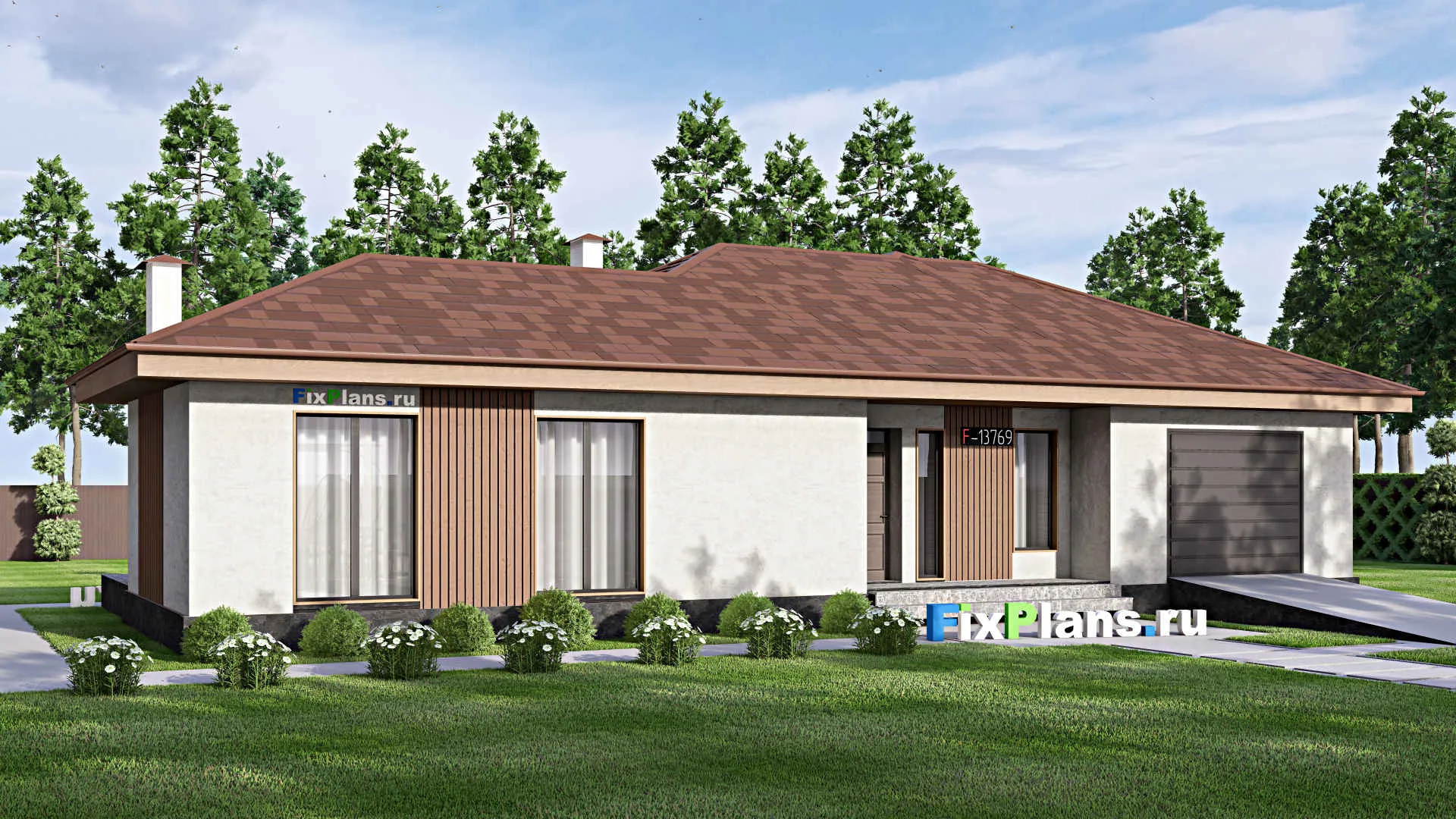 F-13769 - Проект одноэтажного дома 14 на 20, площадью 160 м² с гаражом на 1 машину и 3 спальнями