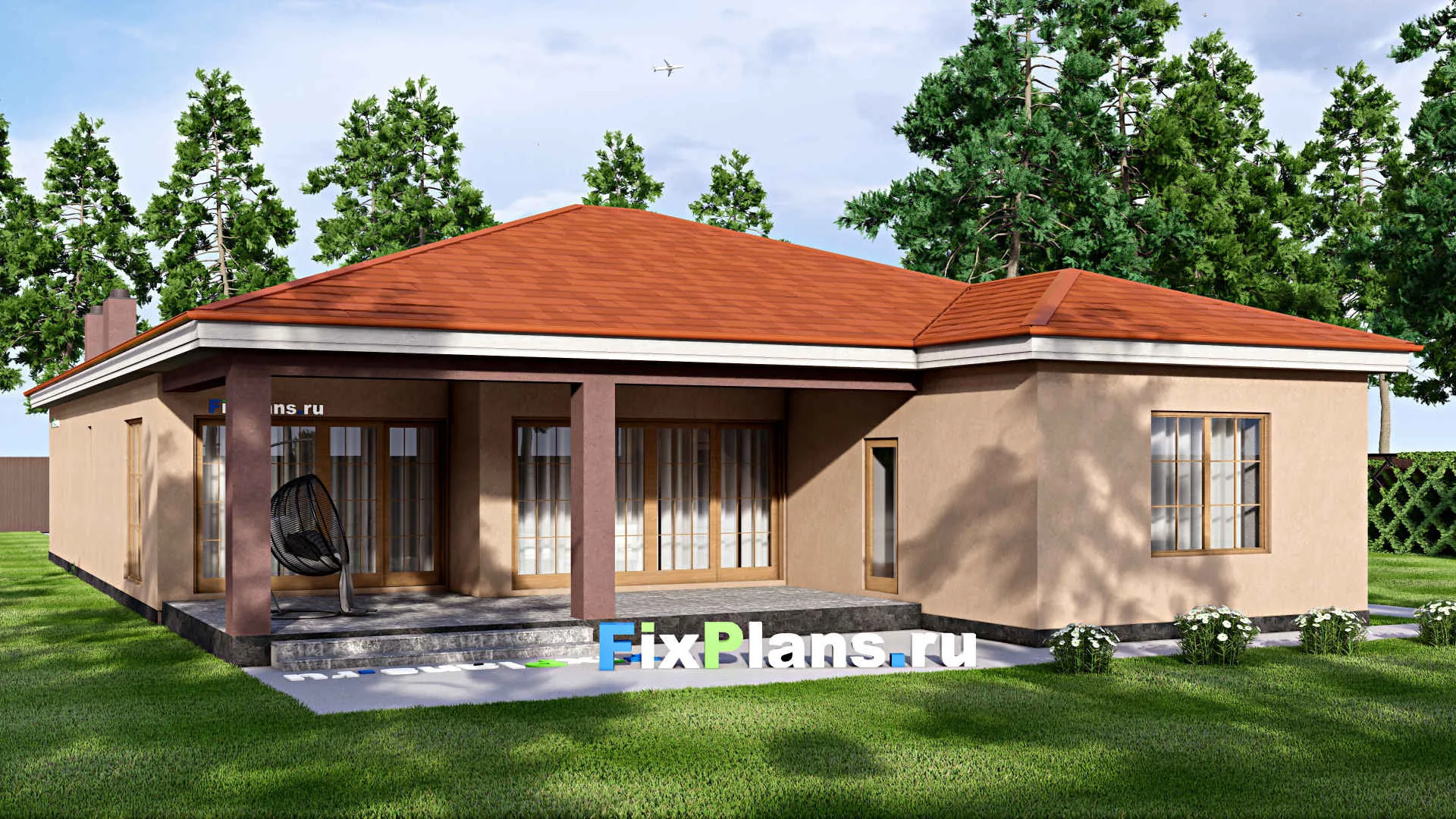 F-16856 - План одноэтажного дома 15 на 24, площадью 240 м² с террасой, гаражом на 2 машины и 4 спальнями