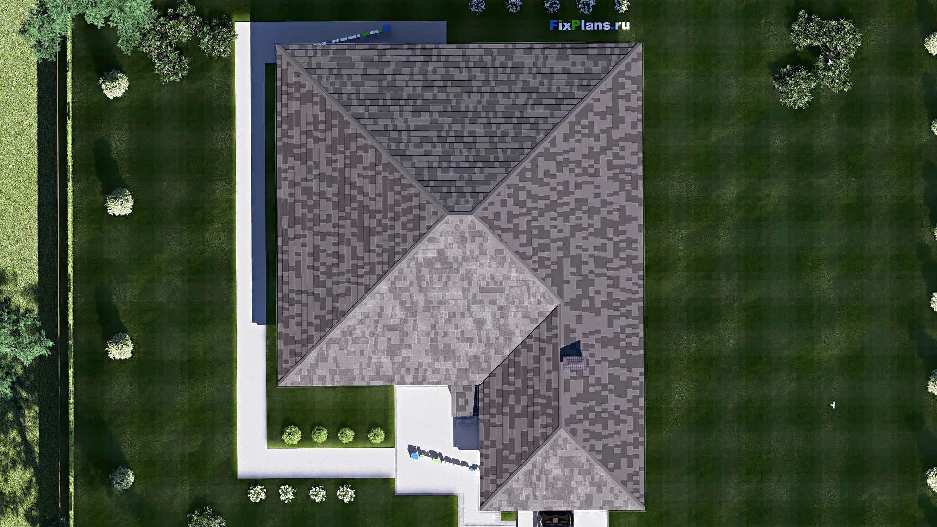 F-19250 - План одноэтажного дома 17 на 23, площадью 260 м² с террасой, гаражом на 2 машины и 4 спальнями