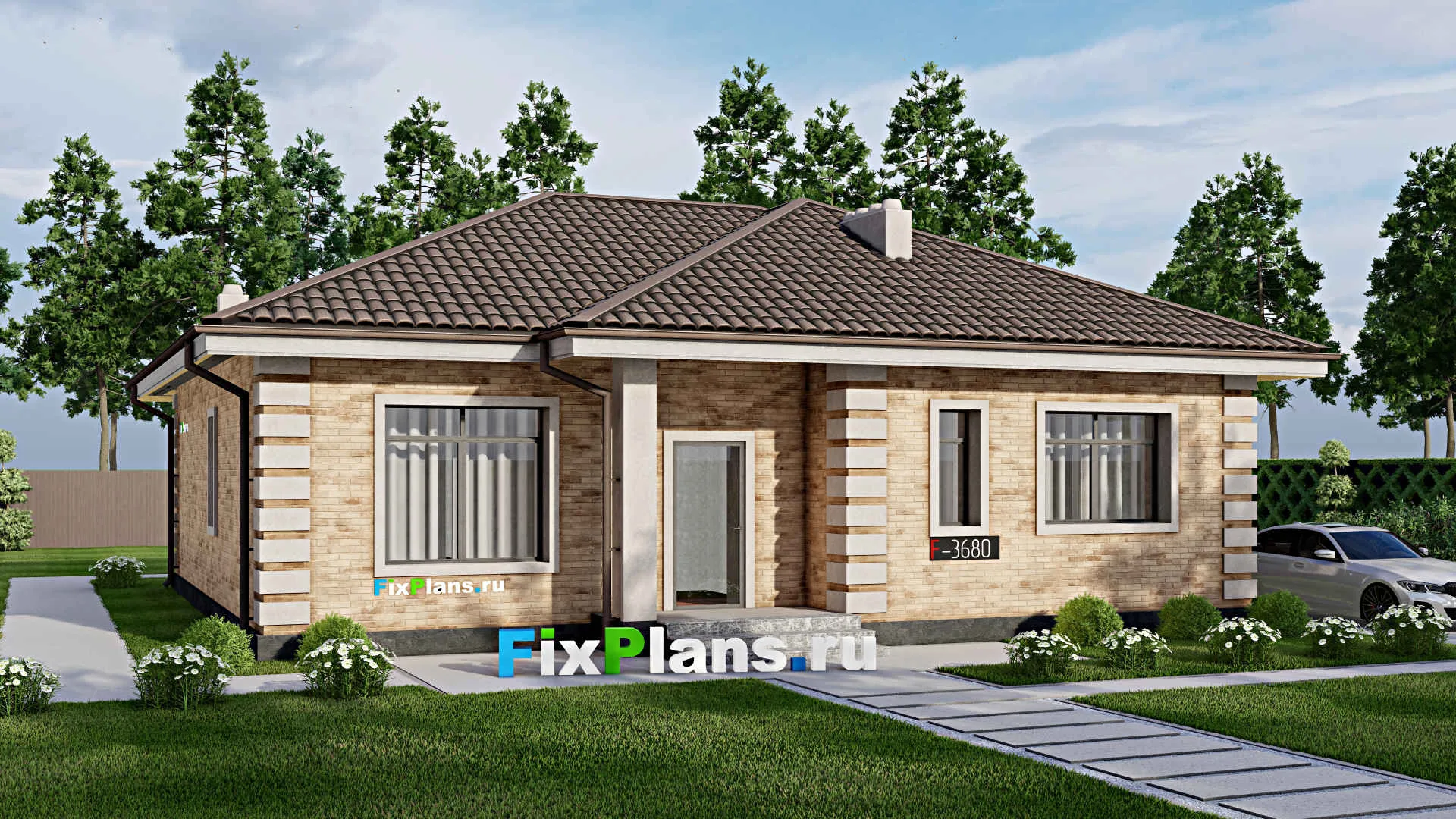 F-3680 - Проект одноэтажного дома 13 на 14, площадью 120 м² с 3 спальнями