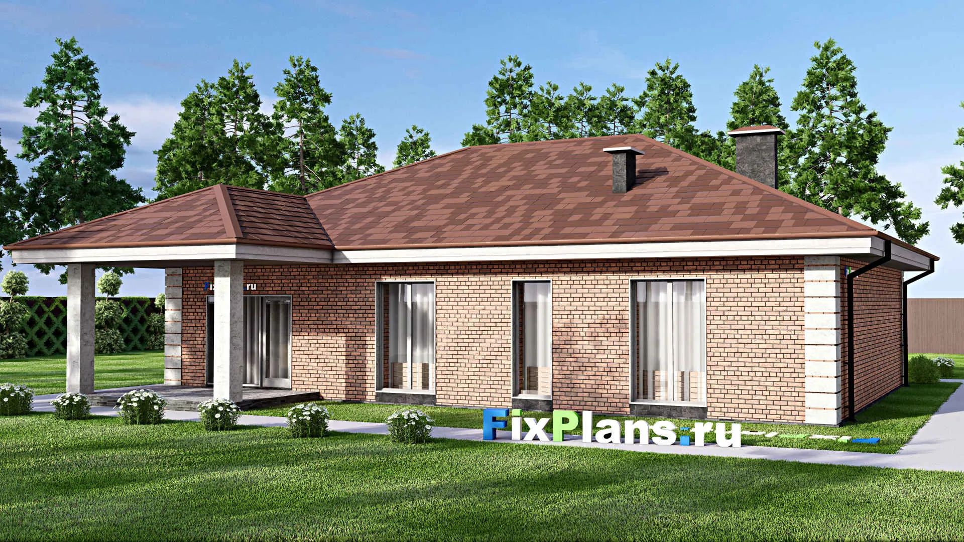 F-14174 - План одноэтажного дома 15 на 16, площадью 150 м² с террасой и 3 спальнями