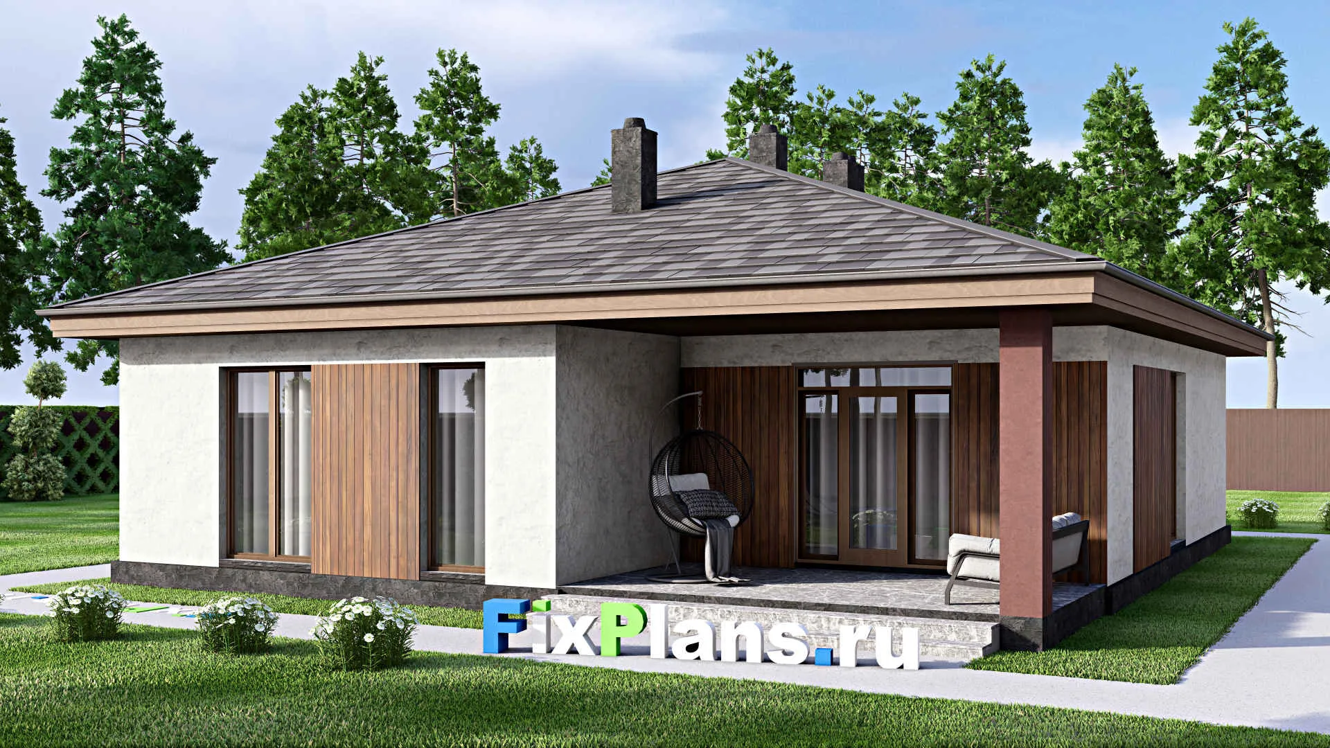 F-14498 - План одноэтажного дома 12 на 14, площадью 130 м² с террасой и 3 спальнями