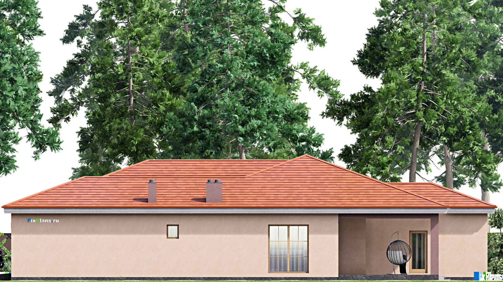 F-16856 - План одноэтажного дома 15 на 24, площадью 240 м² с террасой, гаражом на 2 машины и 4 спальнями