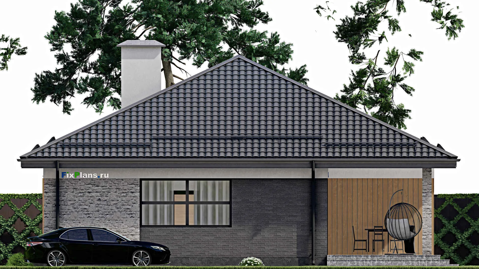 F-4148 - Проект одноэтажного дома 13 на 14, площадью 140 м² с террасой и 3 спальнями