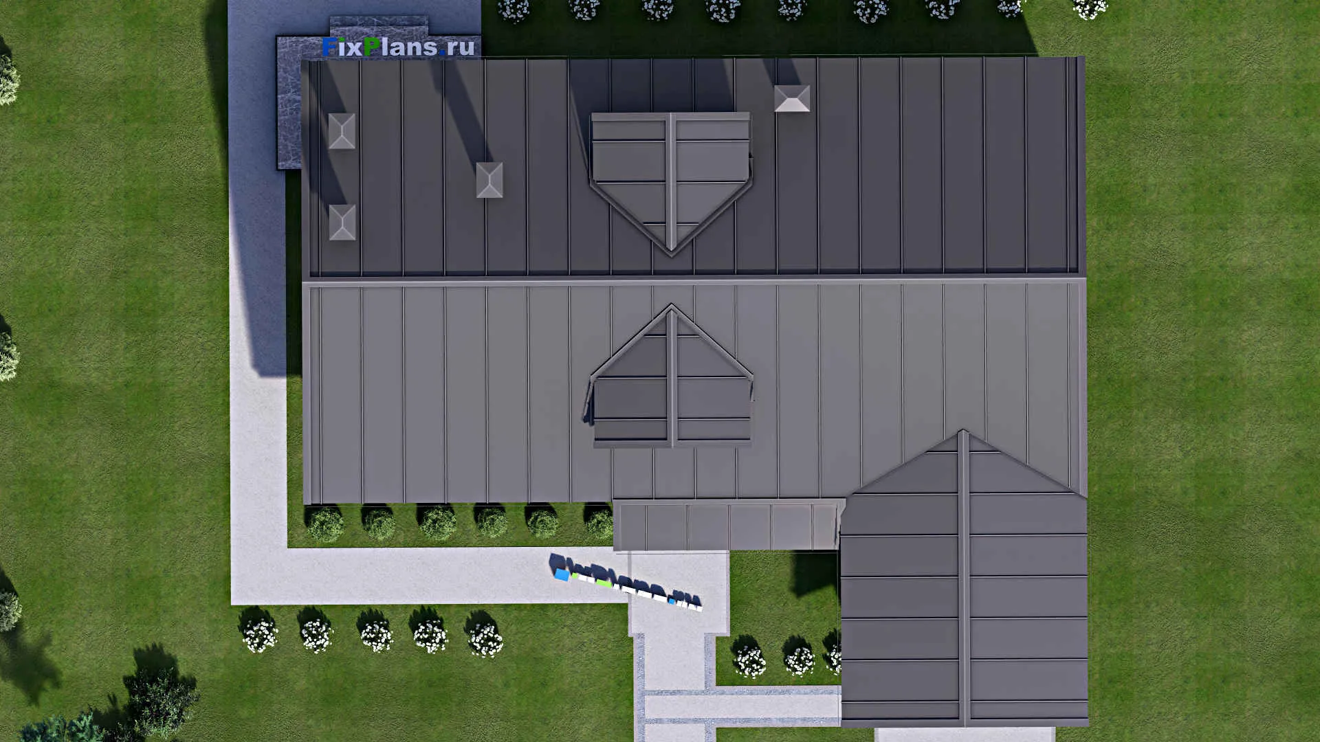 F-14336 - План одноэтажного дома 18 на 21, площадью 200 м² с террасой, баней, гаражом на 2 машины, бассейном и 2 спальнями