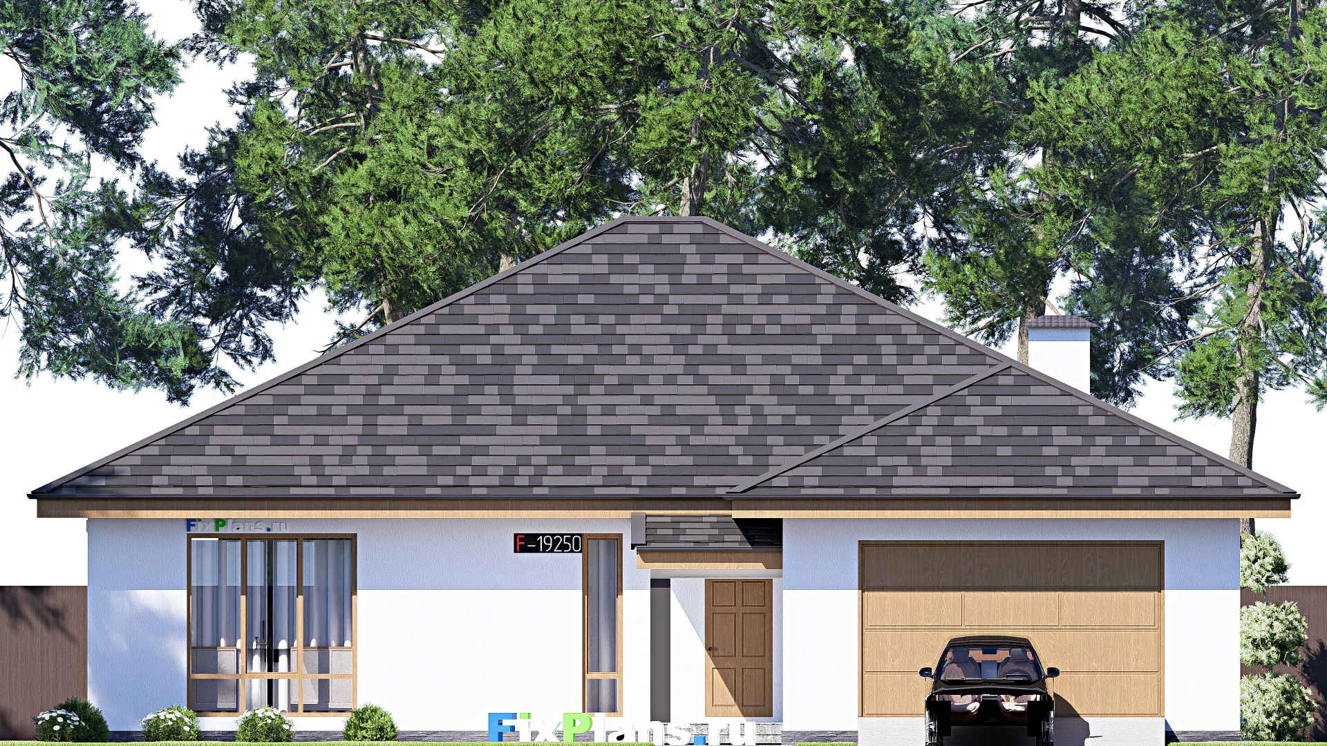 F-19250 - План одноэтажного дома 17 на 23, площадью 260 м² с террасой, гаражом на 2 машины и 4 спальнями