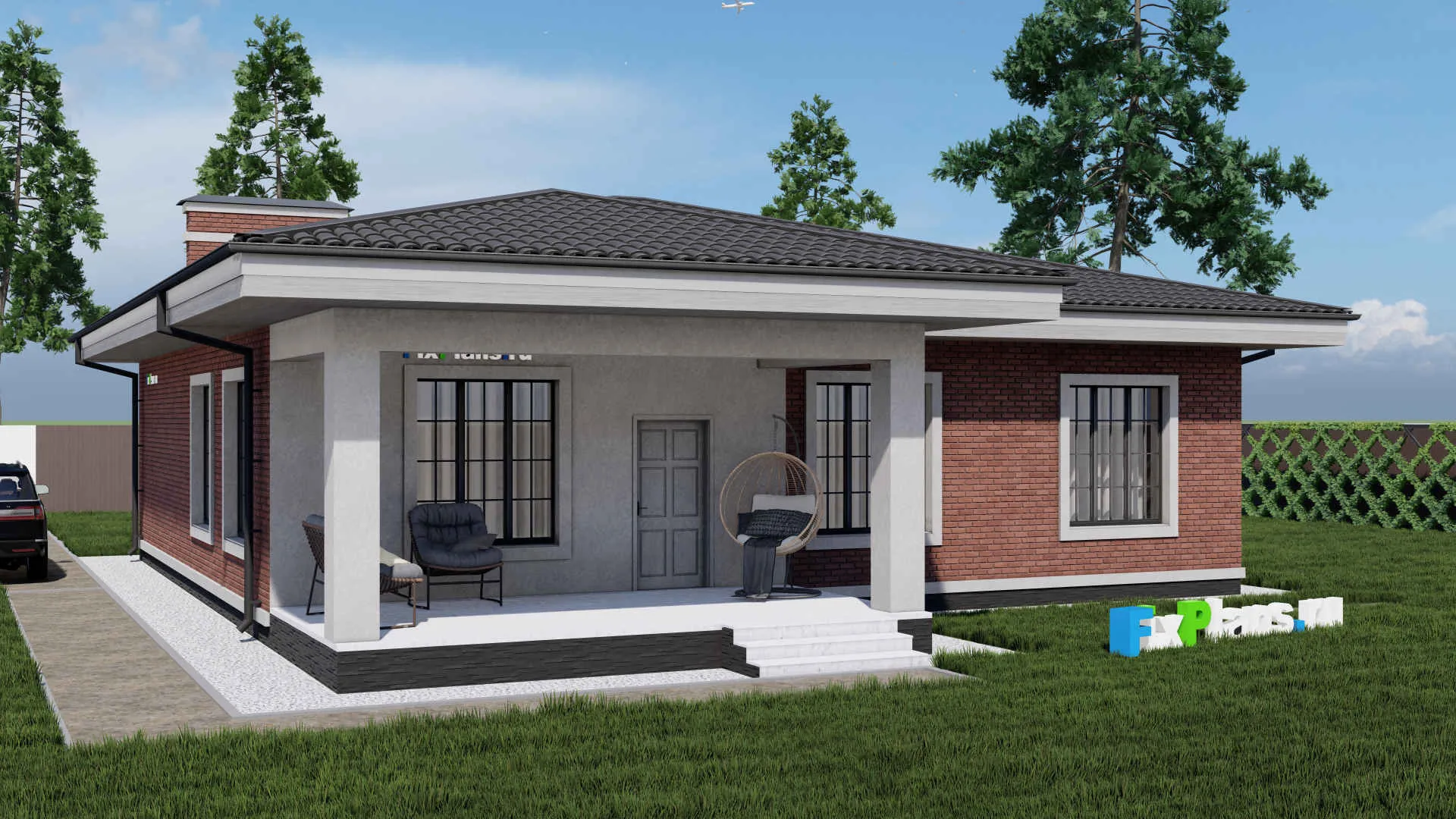 F-0917 - План одноэтажного дома 14 на 14, площадью 180 м² с террасой и 3 спальнями