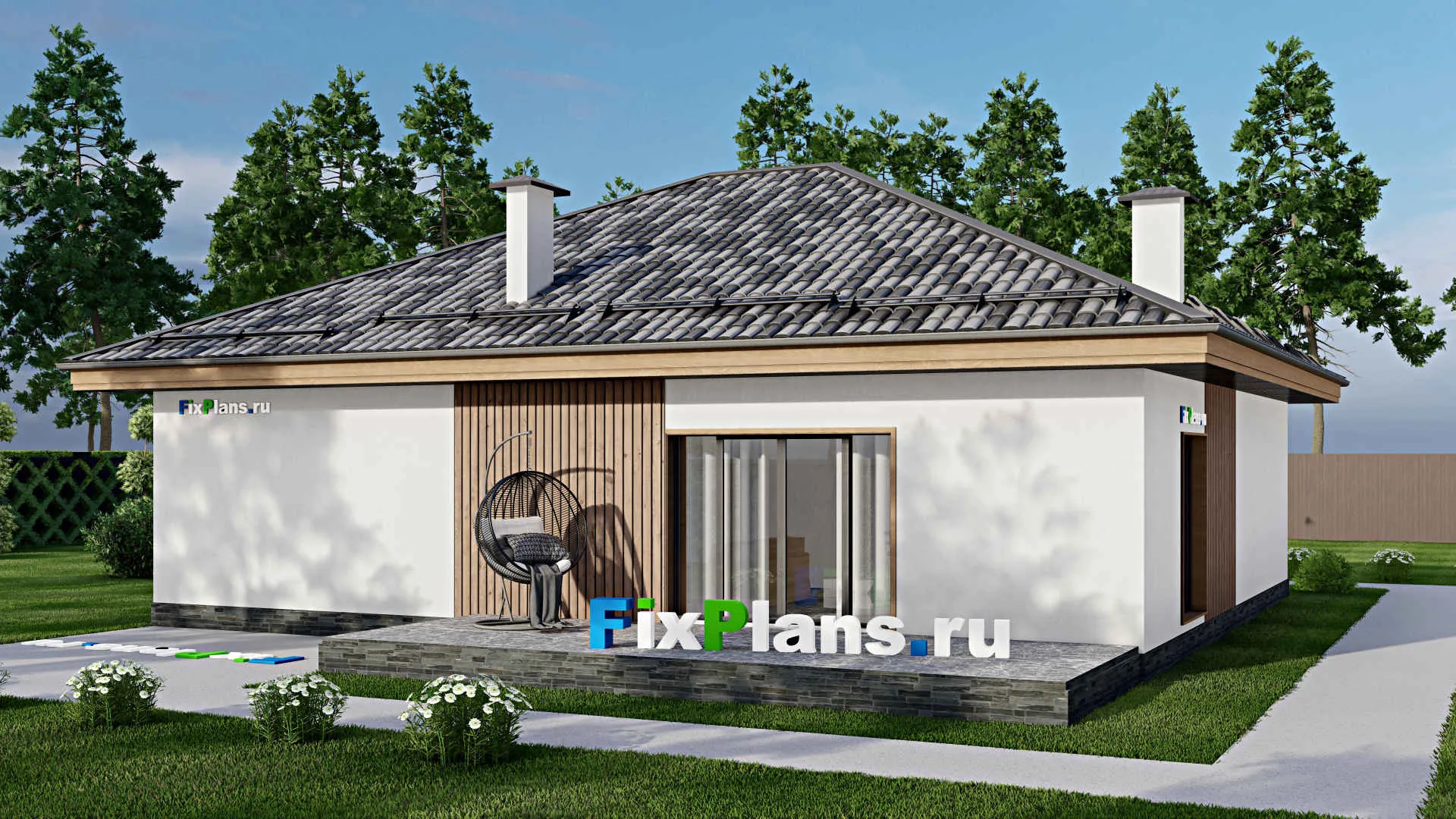 F-11195 - Проект одноэтажного дома 13 на 16, площадью 140 м² с террасой, гаражом на 1 машину и 3 спальнями