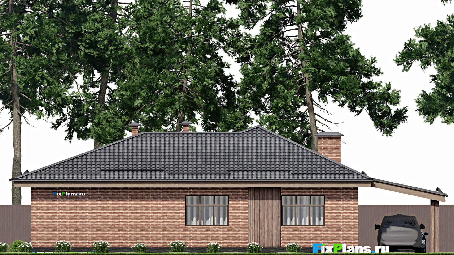 F-10376 - Проект одноэтажного дома 14 на 20, площадью 200 м² с террасой и 3 спальнями