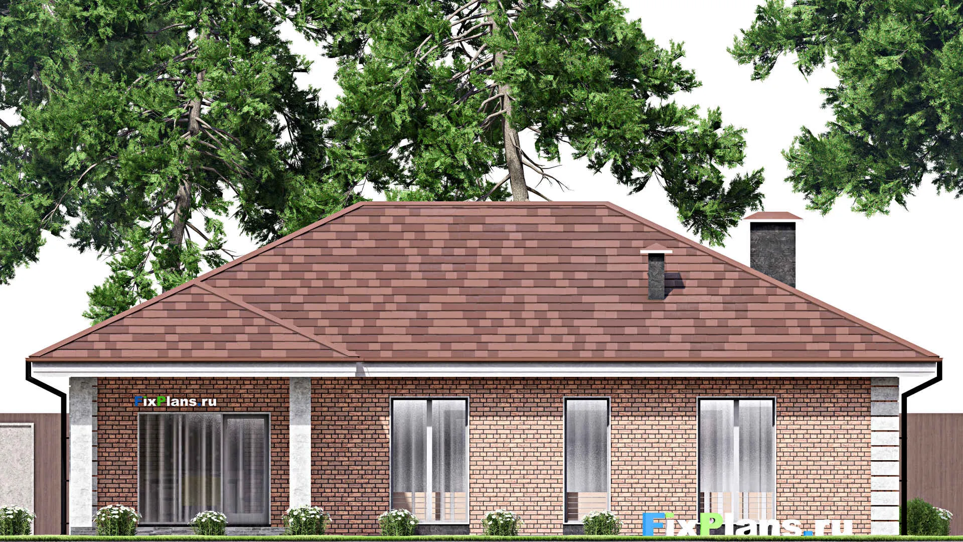 F-14174 - План одноэтажного дома 15 на 16, площадью 150 м² с террасой и 3 спальнями