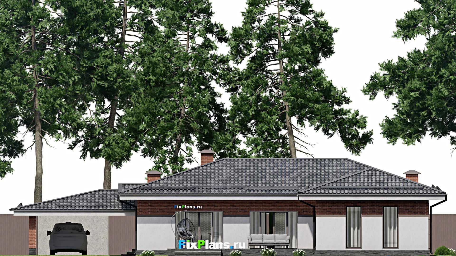 F-6542 - Проект одноэтажного дома 17 на 17, площадью 270 м² с террасой и 3 спальнями