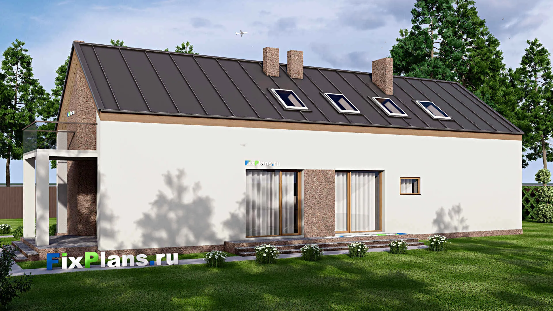 F-16199 - Планы дома с мансардой 11 на 24, площадью 320 м² с террасой, балконом, гаражом на 2 машины и 3 спальнями