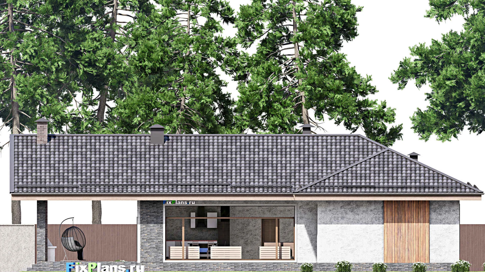 F-13391 - План одноэтажного дома 16 на 21, площадью 200 м² с террасой, баней и 3 спальнями