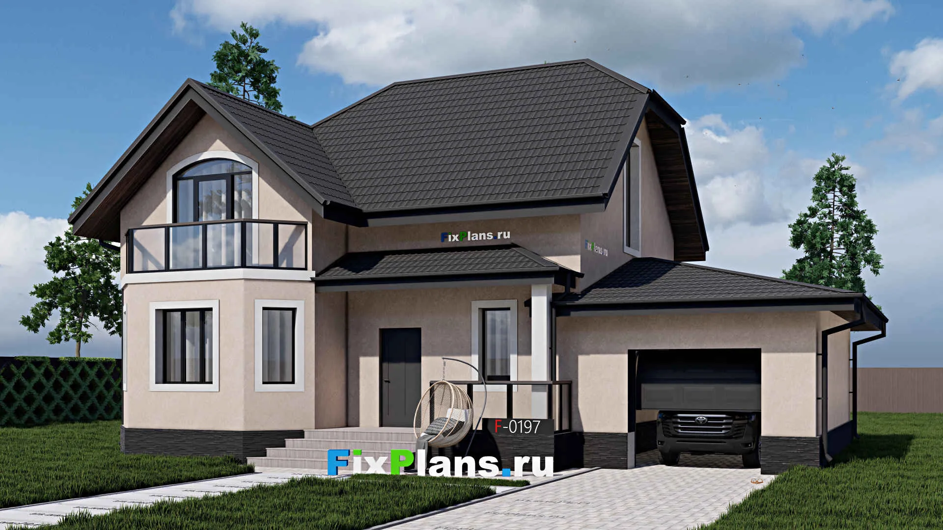 F-0197 - Проект дома с мансардой 11 на 15, площадью 160 м² с балконом, гаражом на 1 машину и 4 спальнями