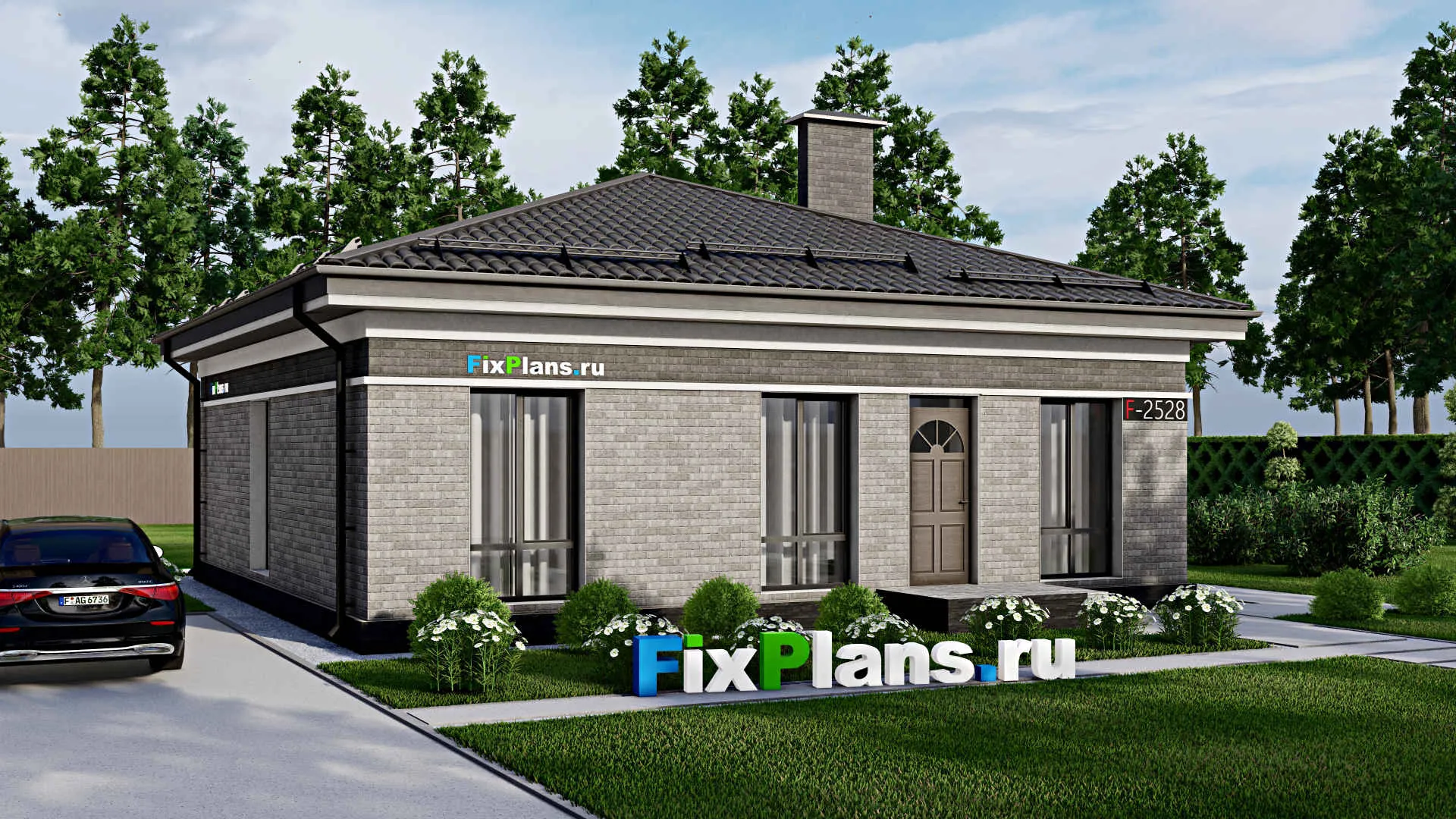 F-2528 - Проект одноэтажного дома 11 на 11, площадью 110 м² с террасой и 3 спальнями