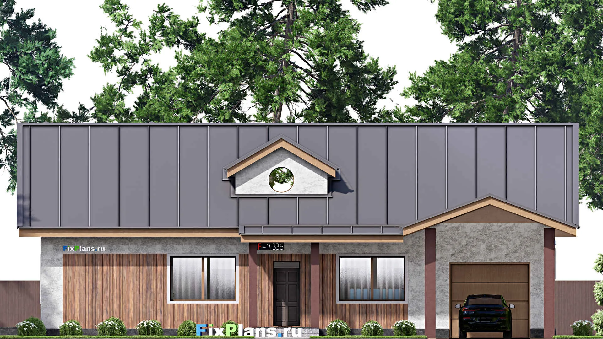 F-14336 - План одноэтажного дома 18 на 21, площадью 200 м² с террасой, баней, гаражом на 2 машины, бассейном и 2 спальнями