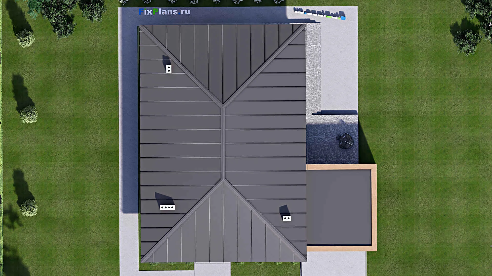 F-16190 - План одноэтажного дома 18 на 18, площадью 220 м² с террасой, гаражом на 2 машины и 3 спальнями