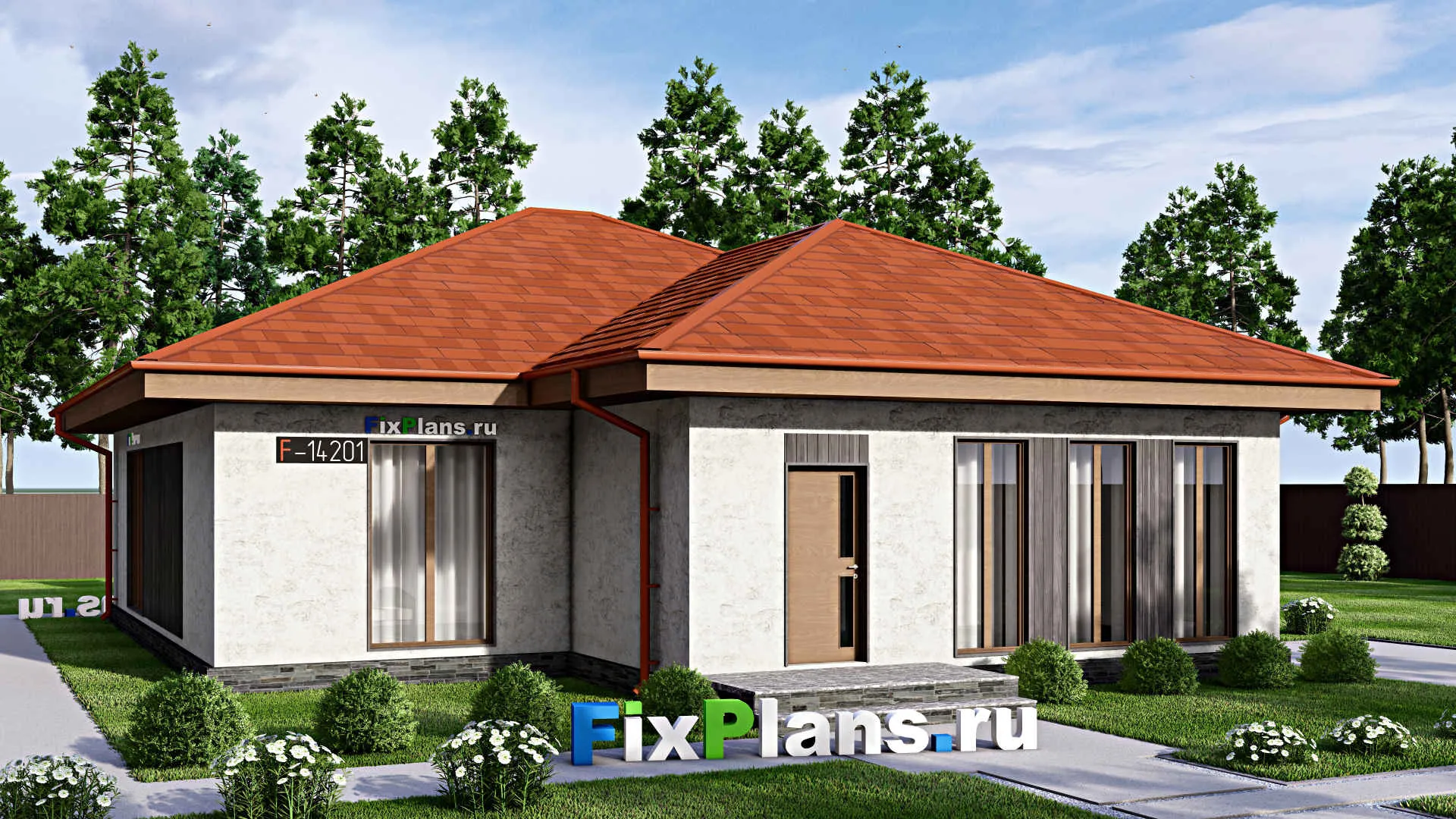 F-14201 - Проект одноэтажного дома 12 на 16, площадью 130 м² с террасой и 3 спальнями