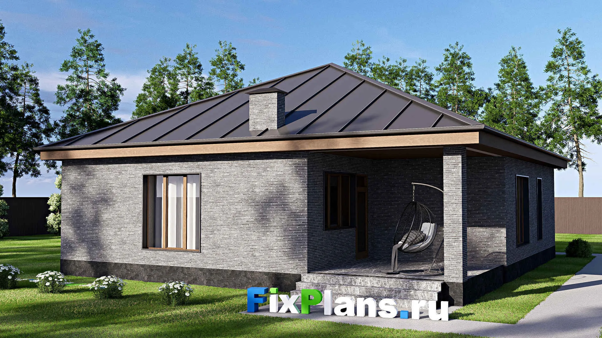 F-18170 - Проект одноэтажного дома 13 на 14, площадью 130 м² с террасой и 3 спальнями