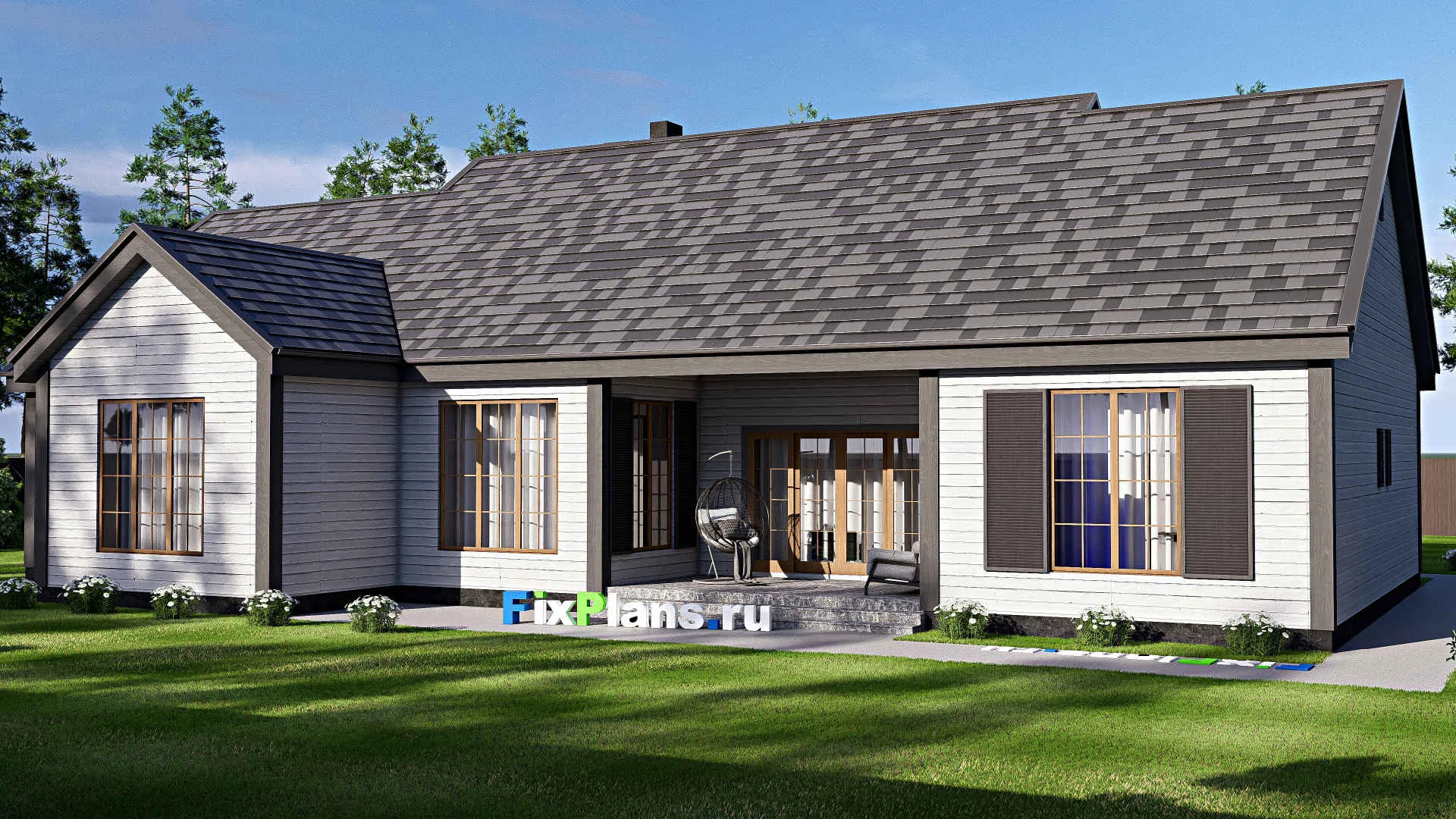 F-17144 - Планы дома с мансардой 21 на 25, площадью 300 м² с террасой, гаражом на 2 машины и 4 спальнями