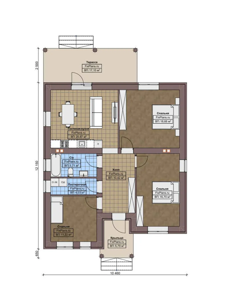 F-6335 - План одноэтажного дома 11 на 13, площадью 120 м² с террасой и 3 спальнями