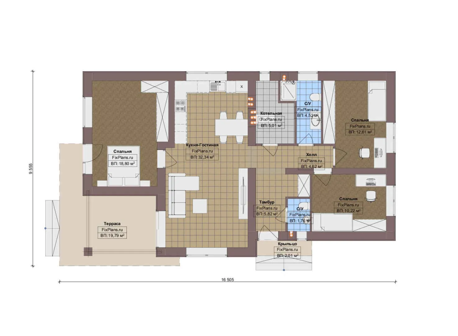 F-18782 - План одноэтажного дома 10 на 17, площадью 120 м² с террасой и 3 спальнями